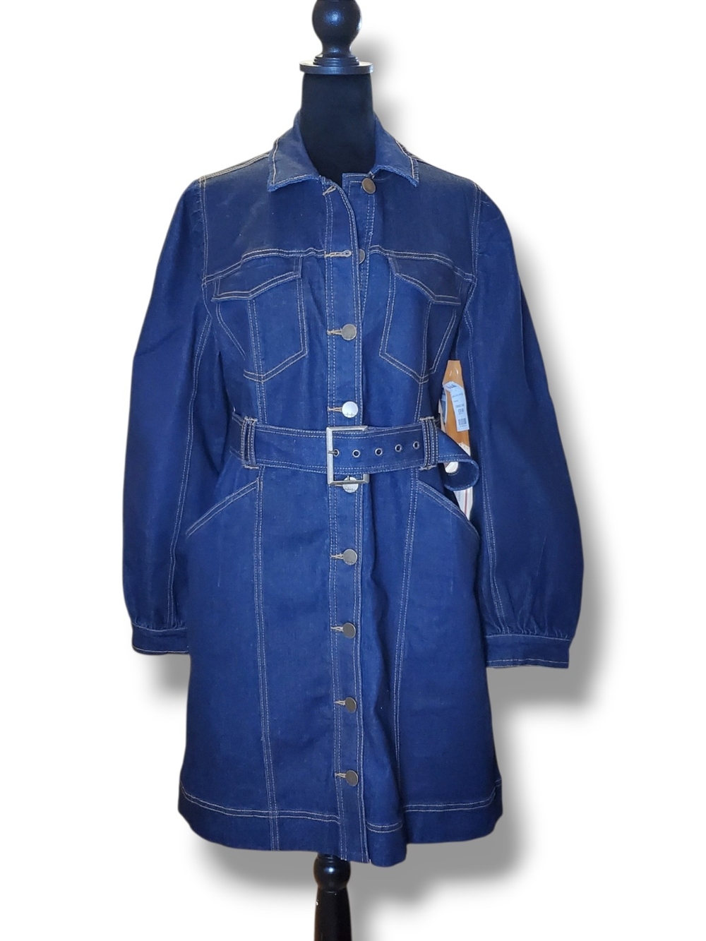 Habitual Blue Denim Jacket Dress Belted Yellow Stitch Size Large